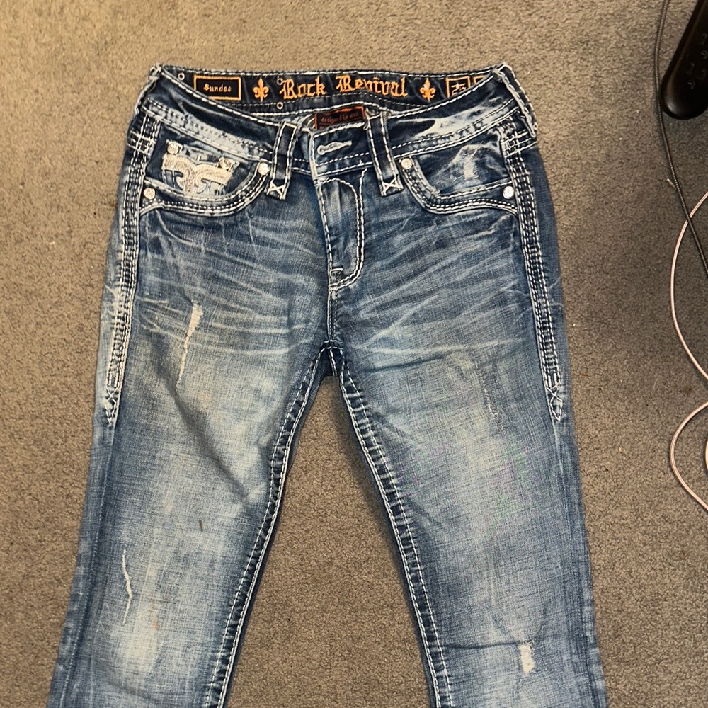 Rock Revival Women's Distressed Mid-Rise Bootcut Blue Jeans